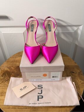 SJP Bliss 90 by Sarah Jessica Parker Satin Hot Pink Pointed Slingback Pumps NWT